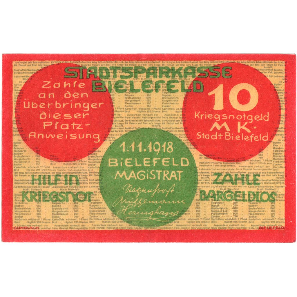 Niemcy, Bielefeld, 10 Mark, 1918-11-01, UNC(63)