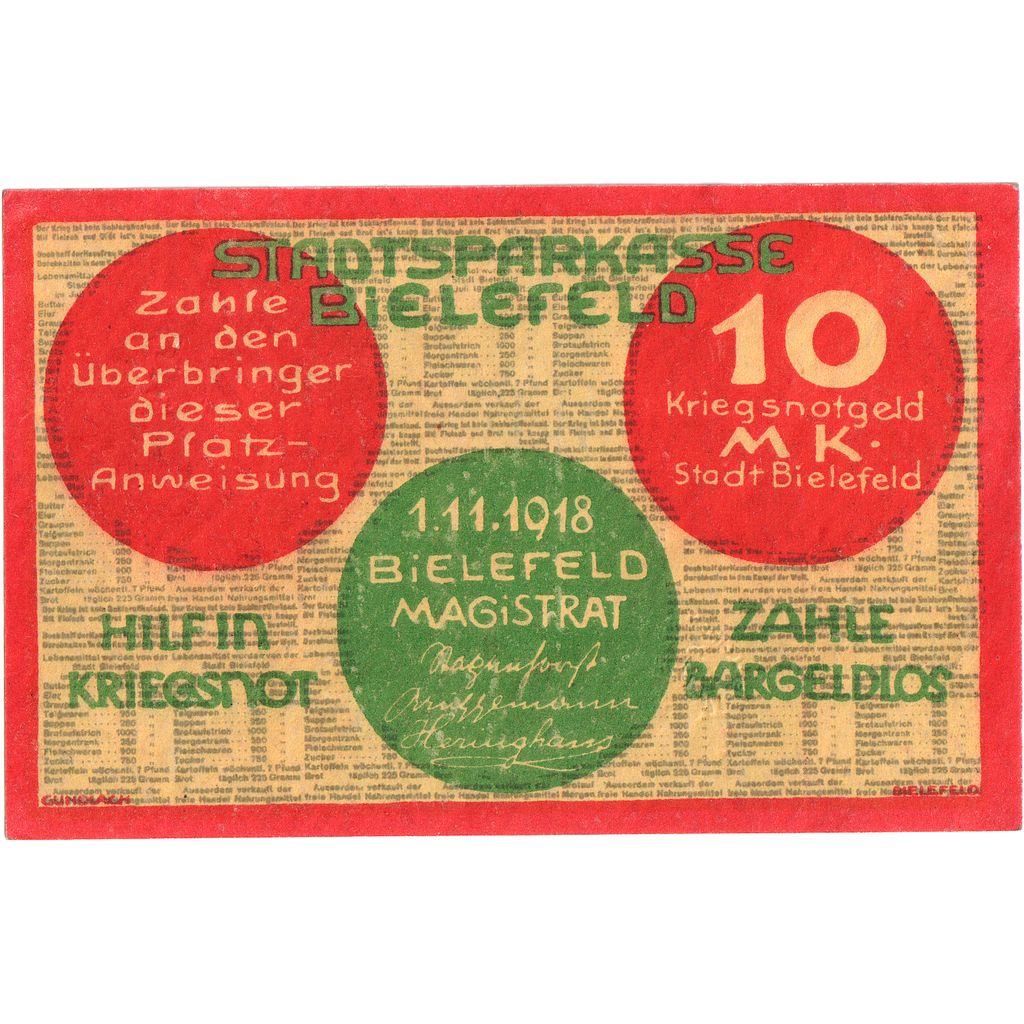 Alemanha, Bielefeld, 10 Mark, 1918-11-01, AU(55-58)