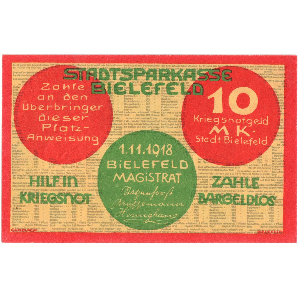Niemcy, Bielefeld, 10 Mark, 1918-11-01, UNC(63)