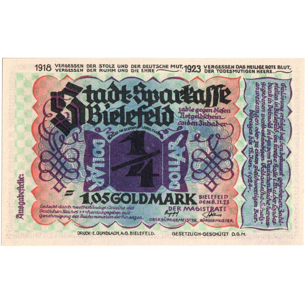 Alemania, Bielefeld, 1.05 Goldmark, 1923-11-08, SC, Grabowski:95