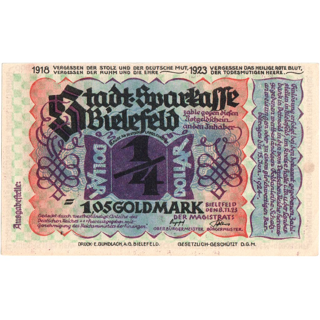 Germany, Bielefeld, 1.05 Goldmark, 1923-11-08, AU(55-58), Grabowski:95