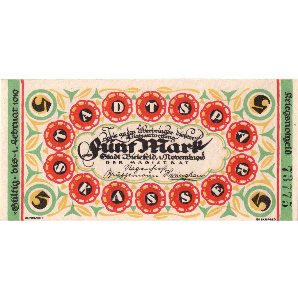 Alemanha, Bielefeld, 5 Mark, 1919-02-01, UNC(63)