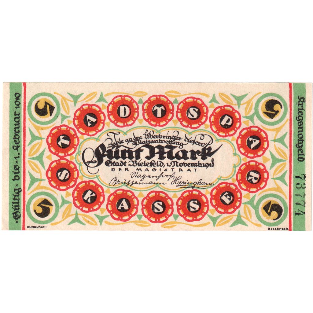 Alemanha, Bielefeld, 5 Mark, 1919-02-01, UNC(63)
