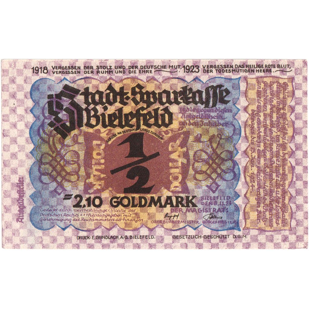 Alemania, Bielefeld, 2.10 Goldmark, 1923-11-08, SC