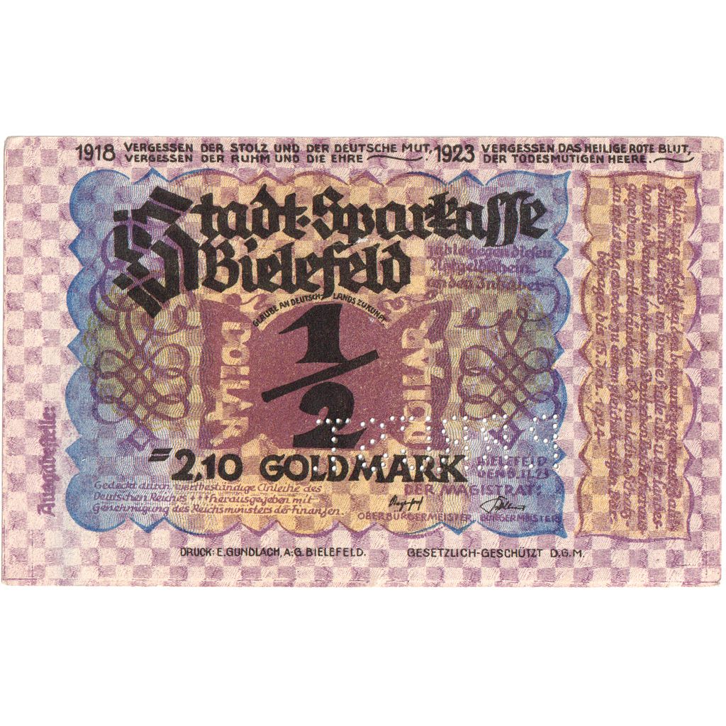 Germany, Bielefeld, 2.10 Goldmark, 1923-11-08, AU(55-58)