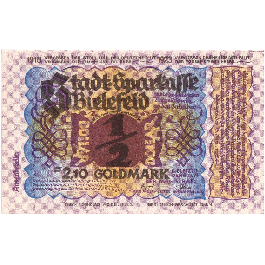 Niemcy, Bielefeld, 2.10 Goldmark, 1923-11-08, UNC(63)