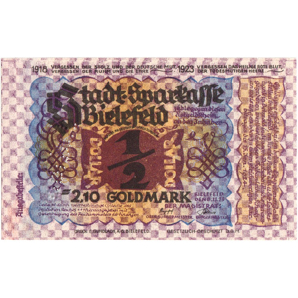 Niemcy, Bielefeld, 2.10 Goldmark, 1923-11-08, UNC(63)