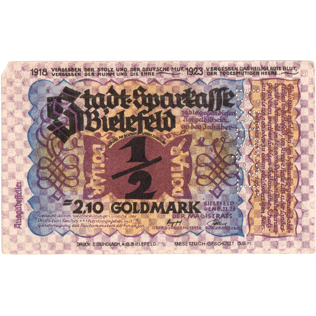 Alemania, Bielefeld, 2.10 Goldmark, 1923-11-08, MBC+