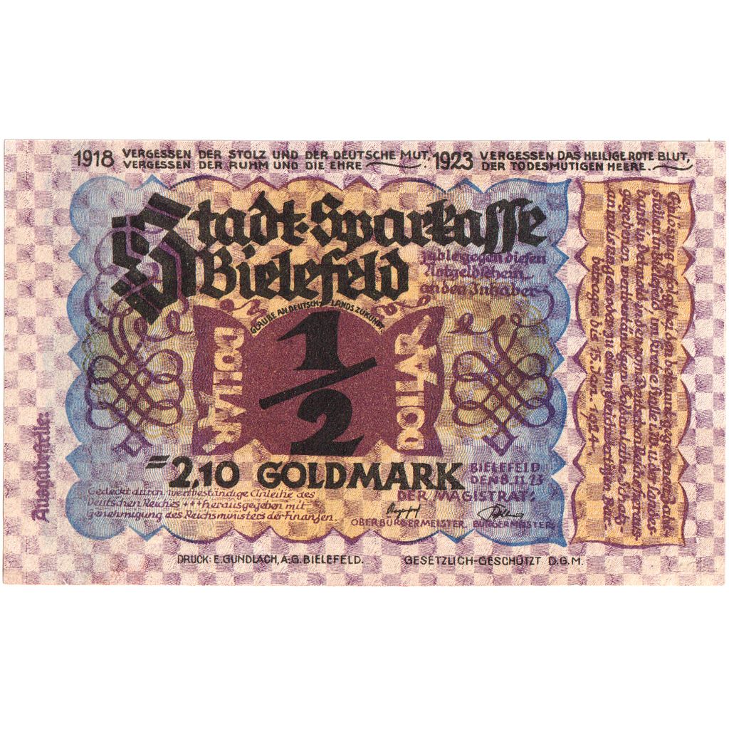 Alemania, Bielefeld, 2.10 Goldmark, 1923-11-08, SC
