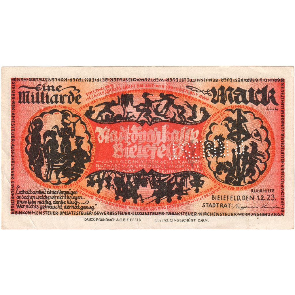 Alemania, Bielefeld, 1 Milliarde Mark, 1923-02-01, MBC