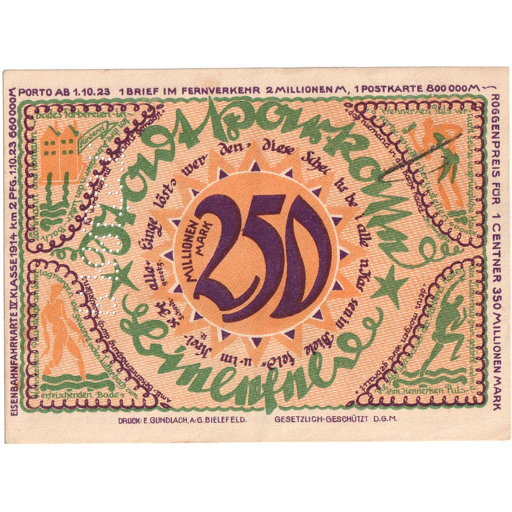 Allemagne, Bielefeld, 250 Millionen Mark, 1922-04-02, TTB