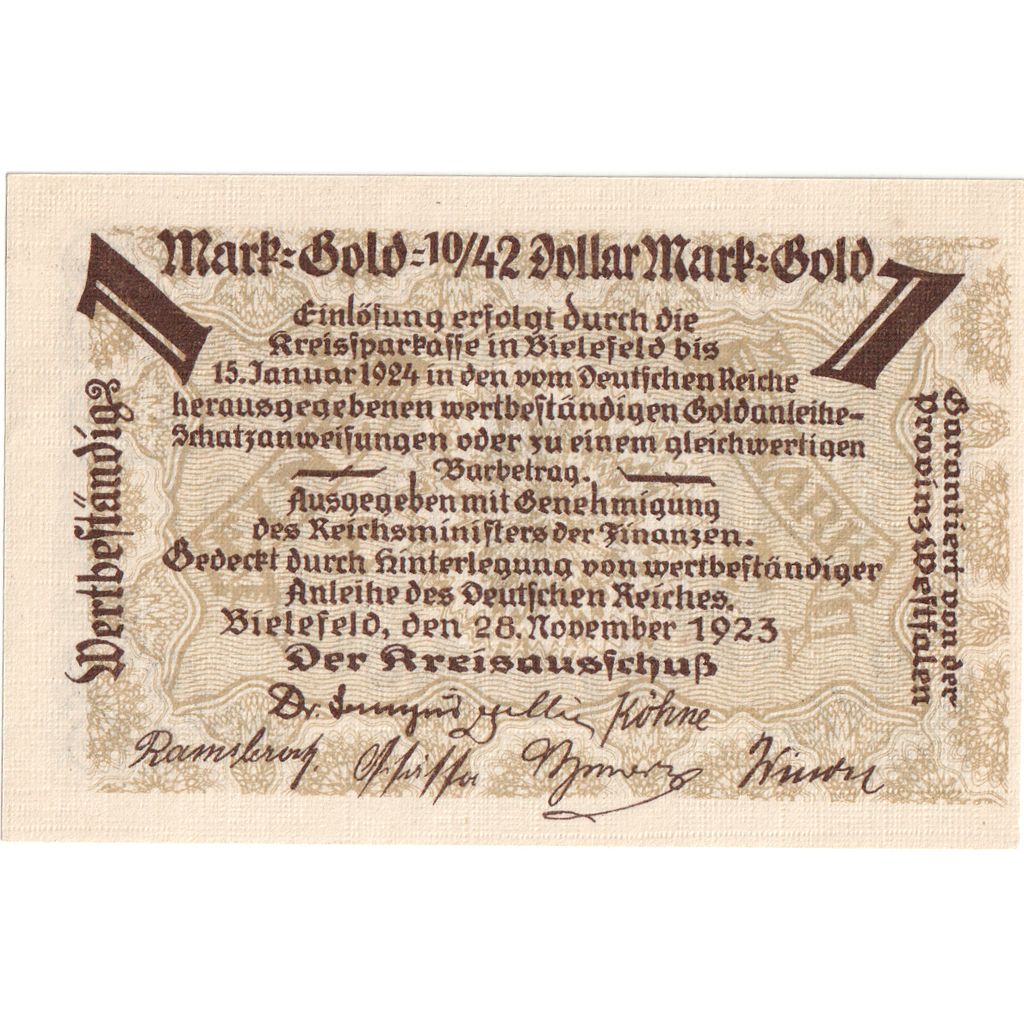 Duitsland, Bielefeld, 1 Mark Gold, 1923-11-28, SPL