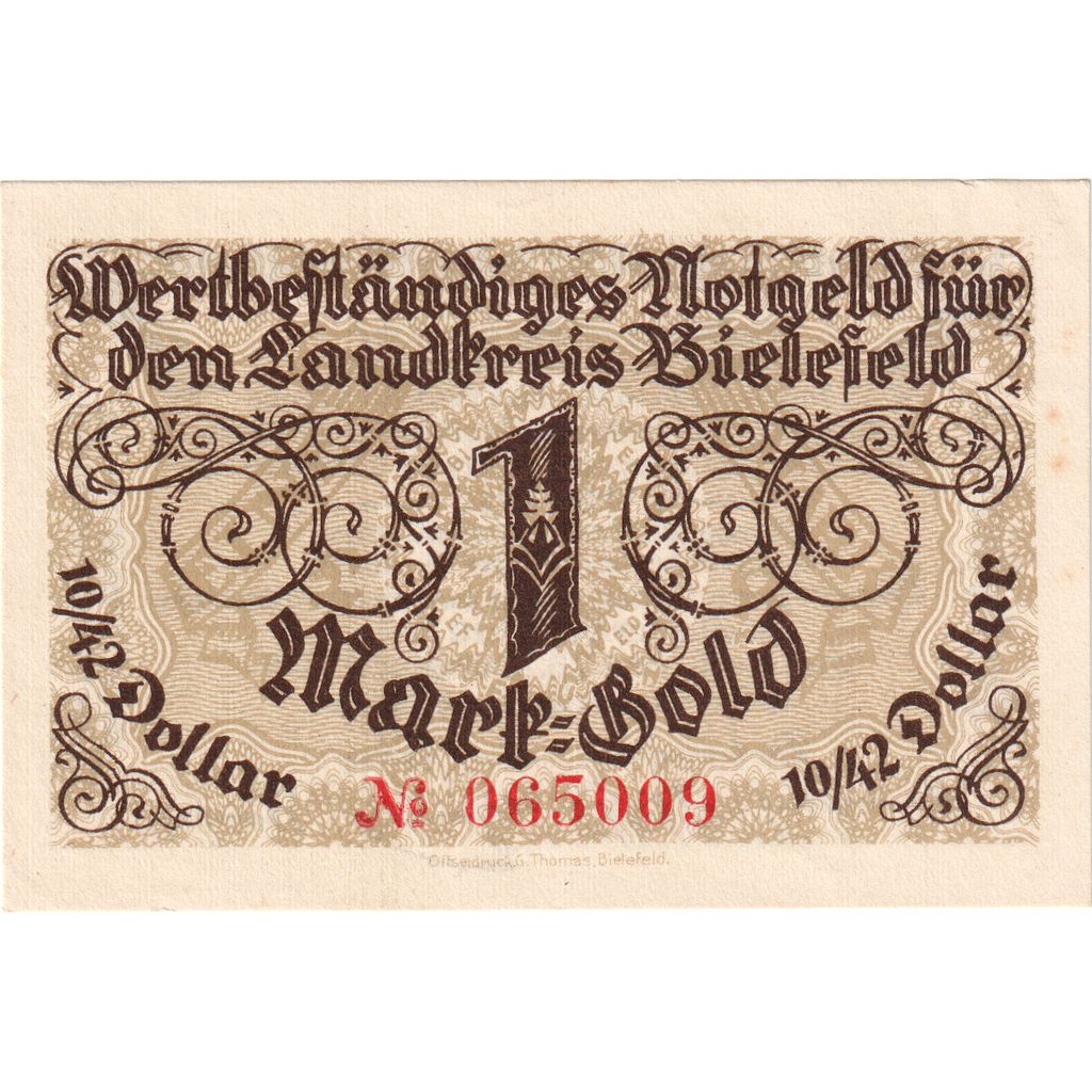 Germany, Bielefeld, 1 Mark Gold, 1923-11-28, UNC(63)