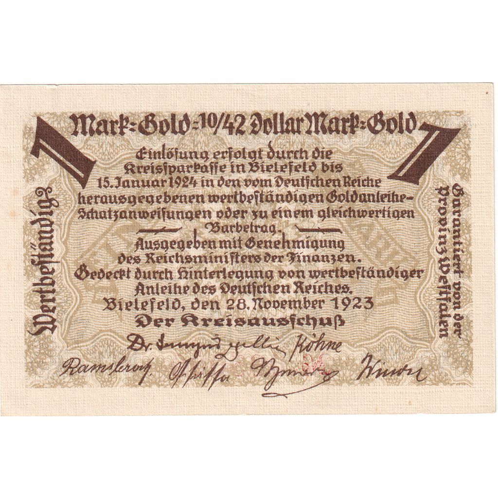 Germany, Bielefeld, 1 Mark Gold, 1923-11-28, UNC(63)