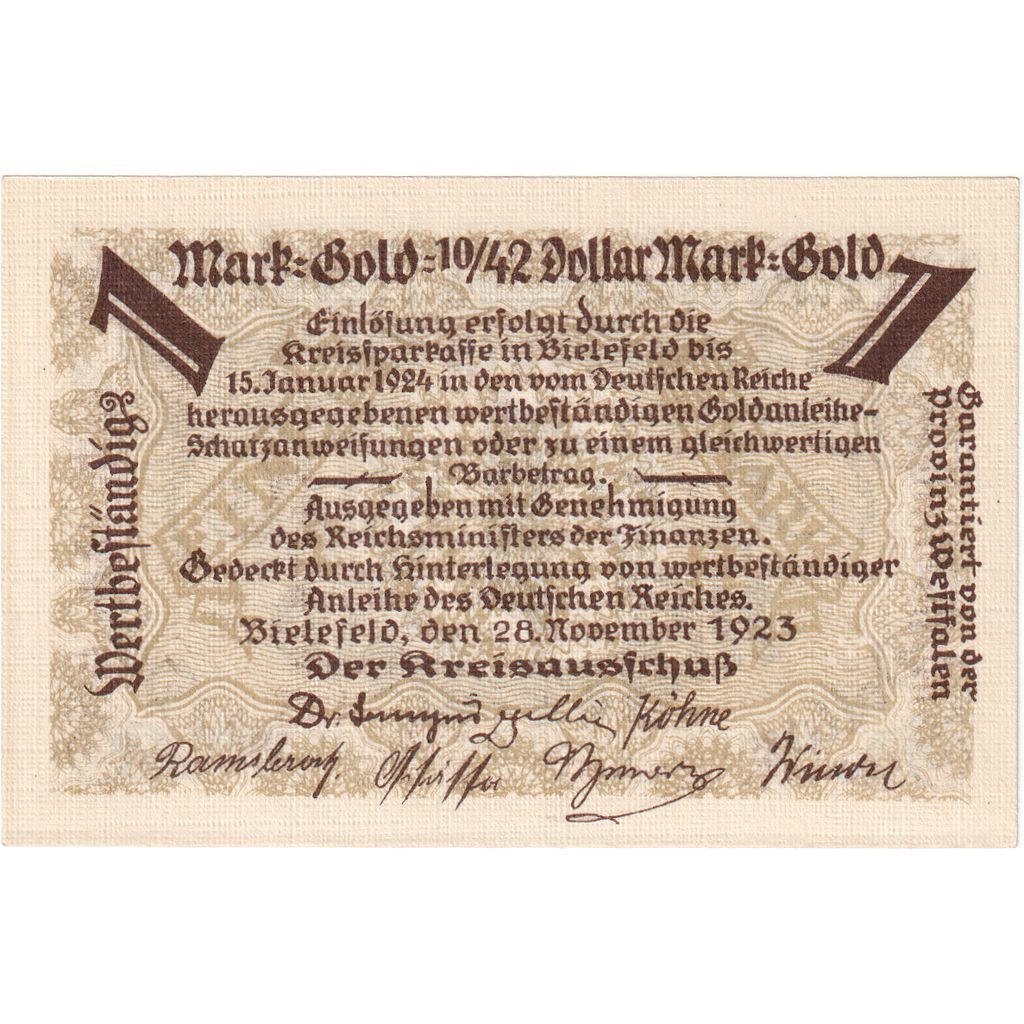Germany, Bielefeld, 1 Mark Gold, 1923-11-28, UNC(63)