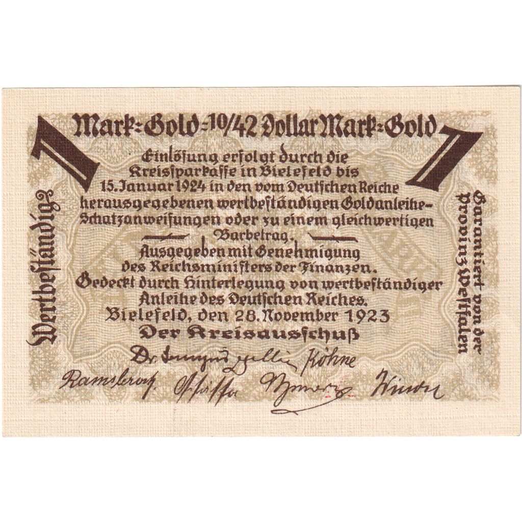 Duitsland, Bielefeld, 1 Mark Gold, 1923-11-28, SPL