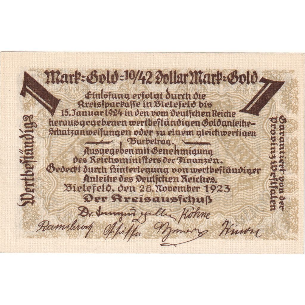 Duitsland, Bielefeld, 1 Mark Gold, 1923-11-28, SPL