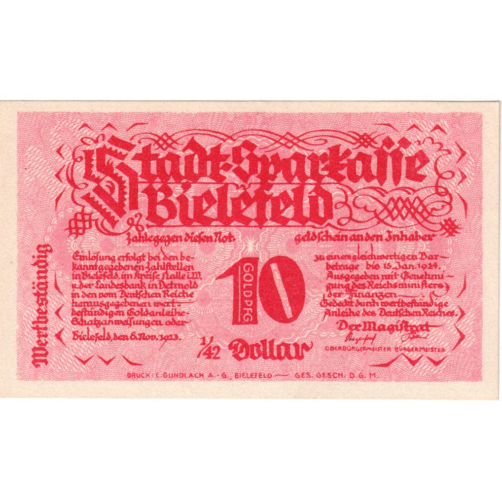 Duitsland, Bielefeld, 10 Goldpfenning, 1923-11-08, SPL, Grabowski:94