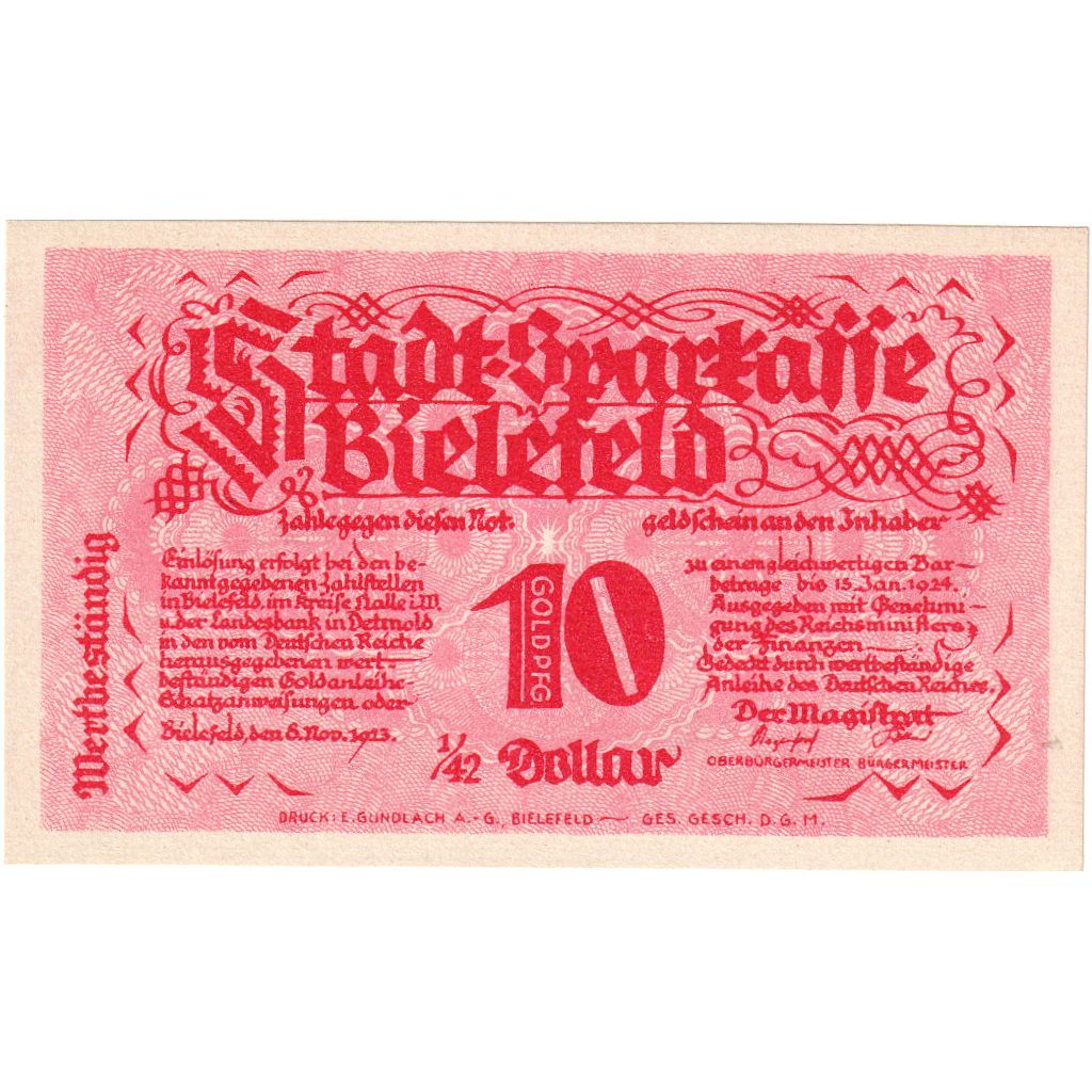 Niemcy, Bielefeld, 10 Goldpfenning, 1923-11-08, UNC(63), Grabowski:94