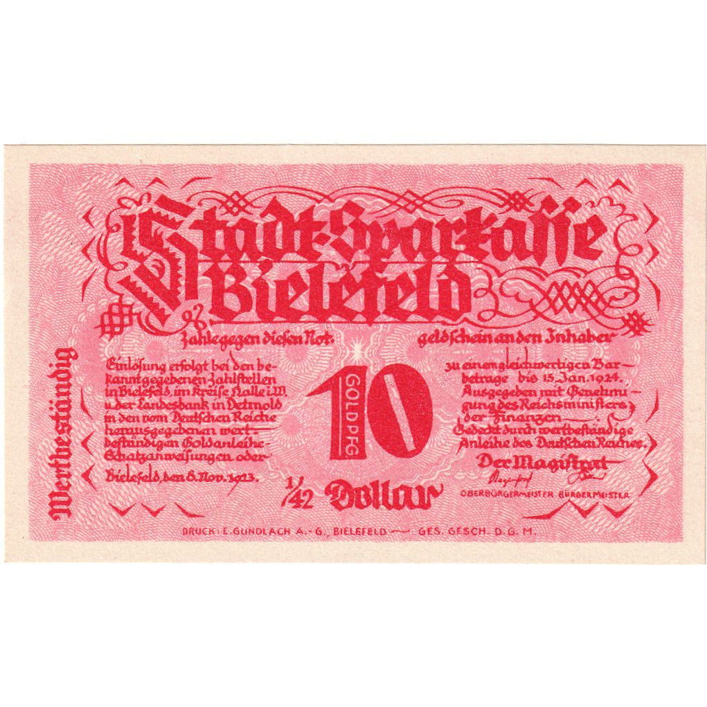 Duitsland, Bielefeld, 10 Goldpfenning, 1923-11-08, SPL, Grabowski:94