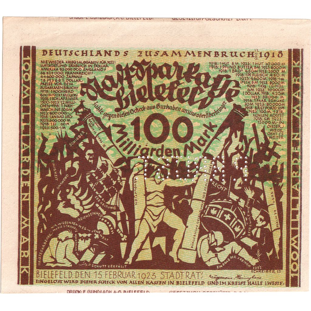 Deutschland, Bielefeld, 100 Milliarden Mark, 1923-02-15, SS+, Grabowski:88