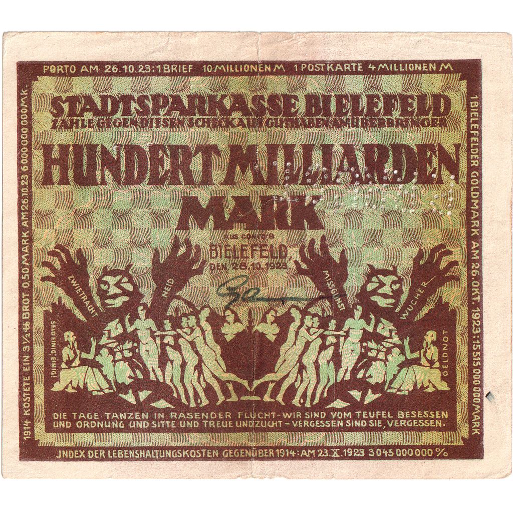 Alemania, Bielefeld, 100 Milliarden Mark, 1923-02-15, BC+, Grabowski:88