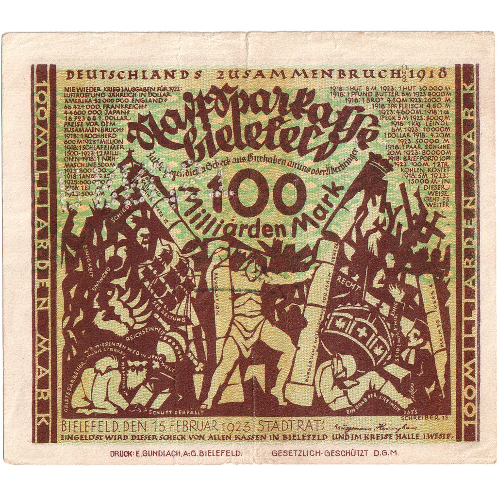 Alemania, Bielefeld, 100 Milliarden Mark, 1923-02-15, BC+, Grabowski:88