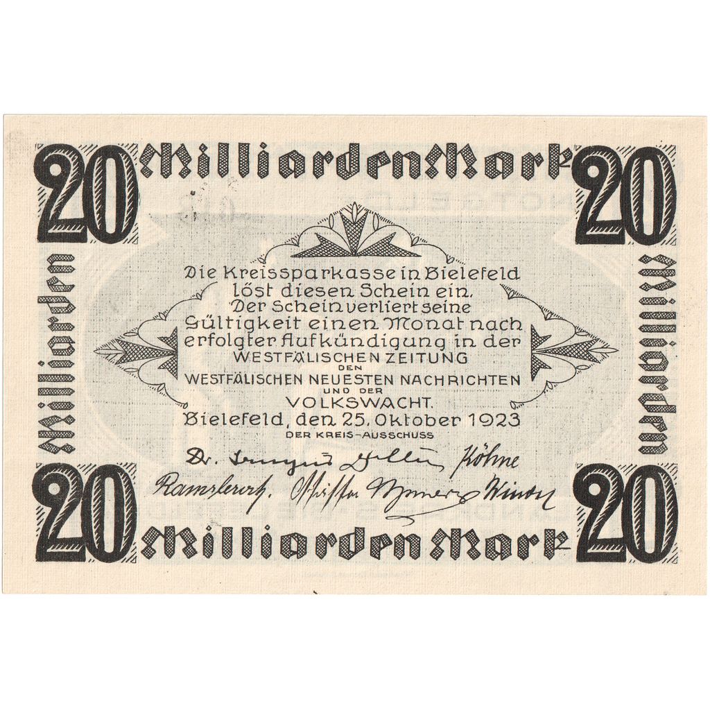 Deutschland, Bielefeld, 20 Milliarden Mark, 1923-10-25, UNZ-