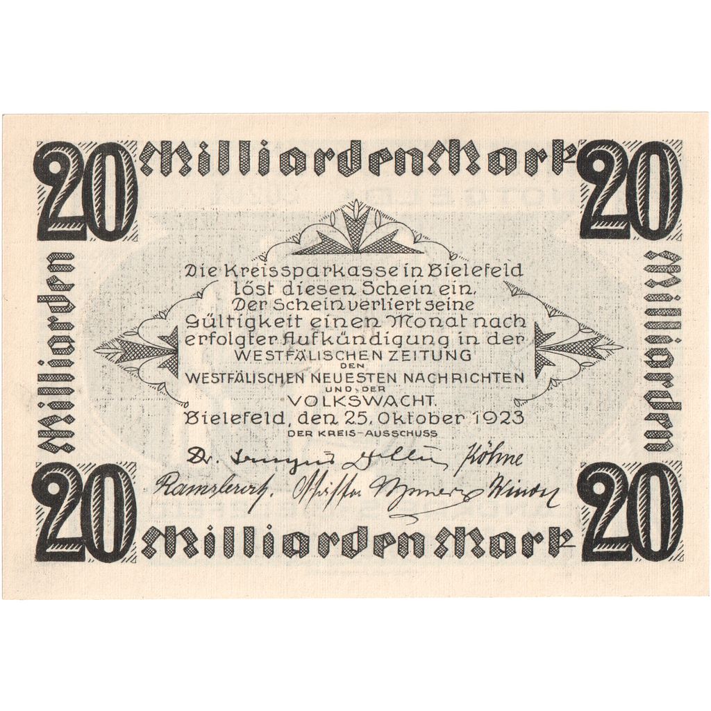 Deutschland, Bielefeld, 20 Milliarden Mark, 1923-10-25, UNZ-