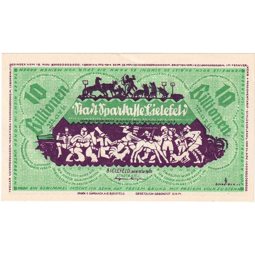 Niemcy, Bielefeld, 10 Billionen Mark, 1922-12-15, UNC(60-62)