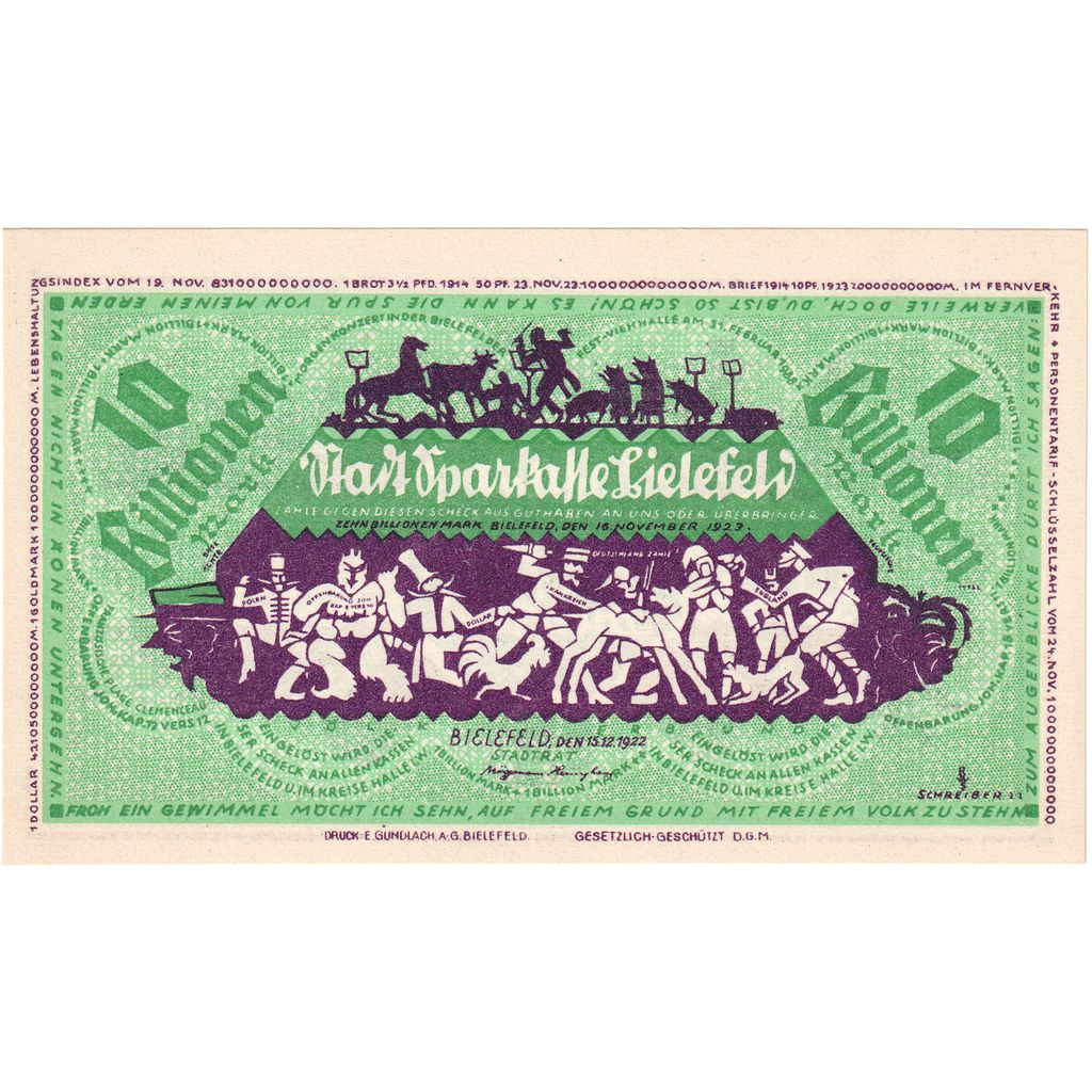 Niemcy, Bielefeld, 10 Billionen Mark, 1922-12-15, UNC(63)