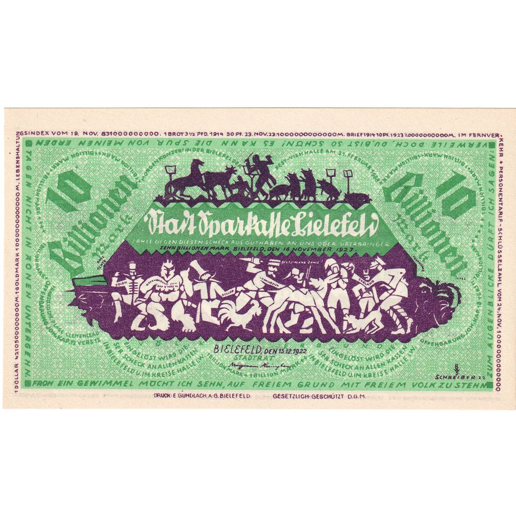Niemcy, Bielefeld, 10 Billionen Mark, 1922-12-15, UNC(63)