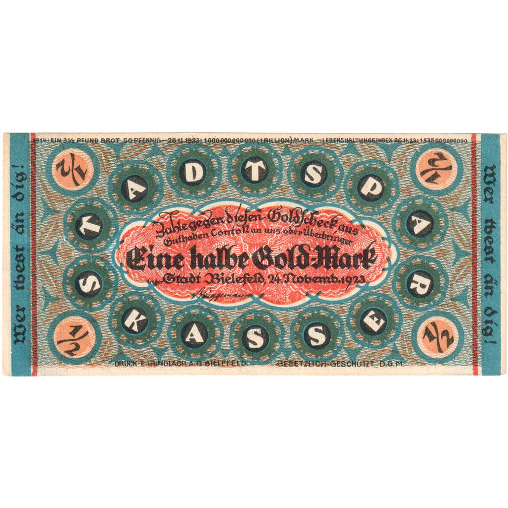 Germany, Bielefeld, 1/2 Goldmark, 1923-11-24, UNC(63), Grabowski:98