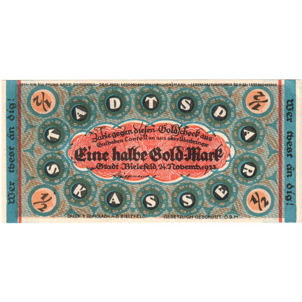 Deutschland, Bielefeld, 1/2 Goldmark, 1923-11-24, UNZ-, Grabowski:98