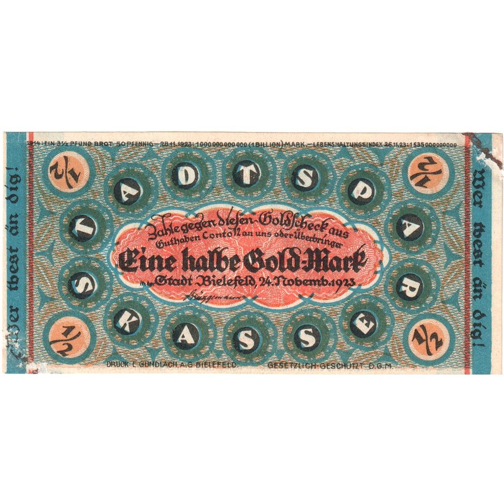 Niemcy, Bielefeld, 1/2 Goldmark, 1923-11-24, AU(55-58), Grabowski:98