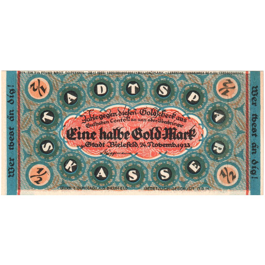 Deutschland, Bielefeld, 1/2 Goldmark, 1923-11-24, UNZ-, Grabowski:98
