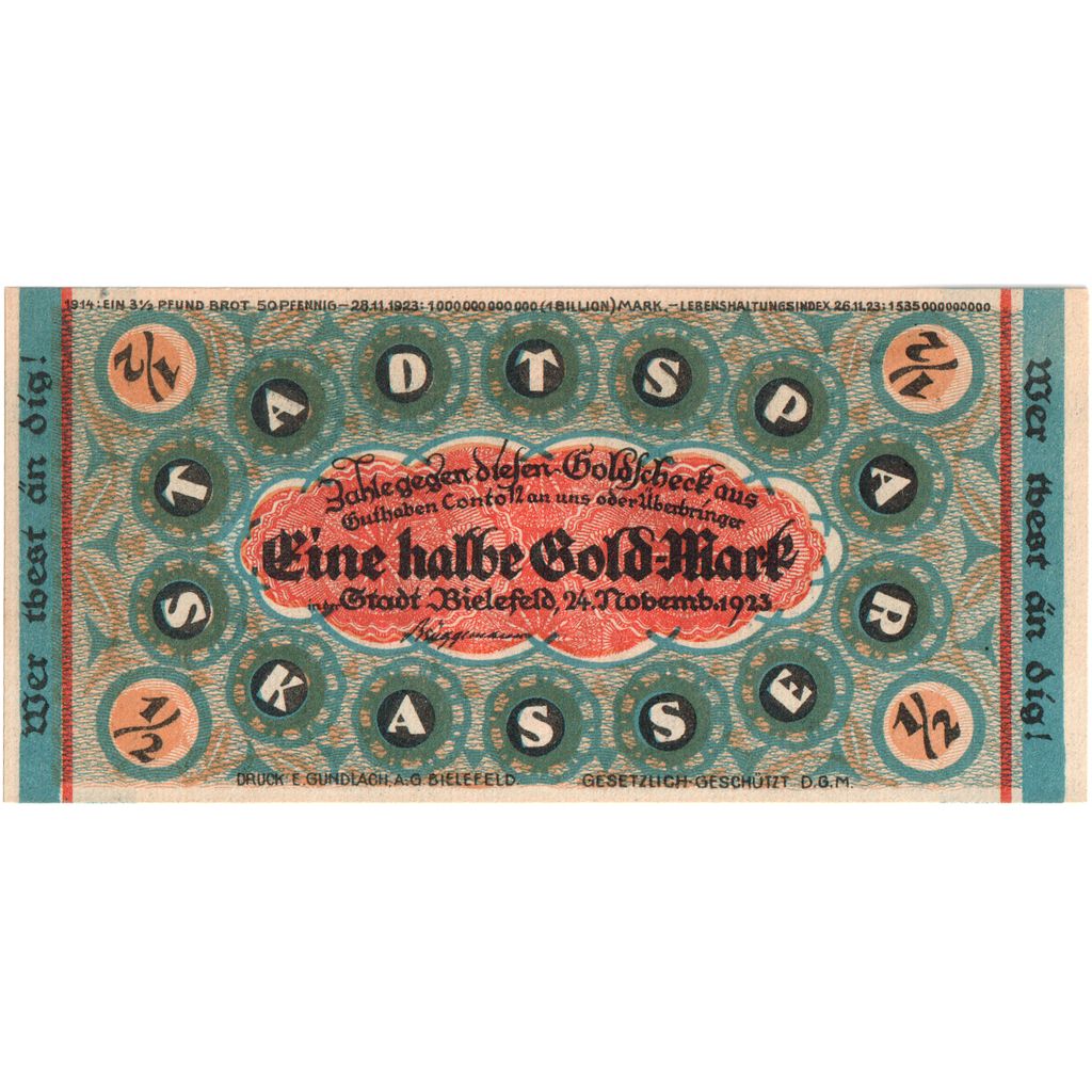 Deutschland, Bielefeld, 1/2 Goldmark, 1923-11-24, UNZ-, Grabowski:98