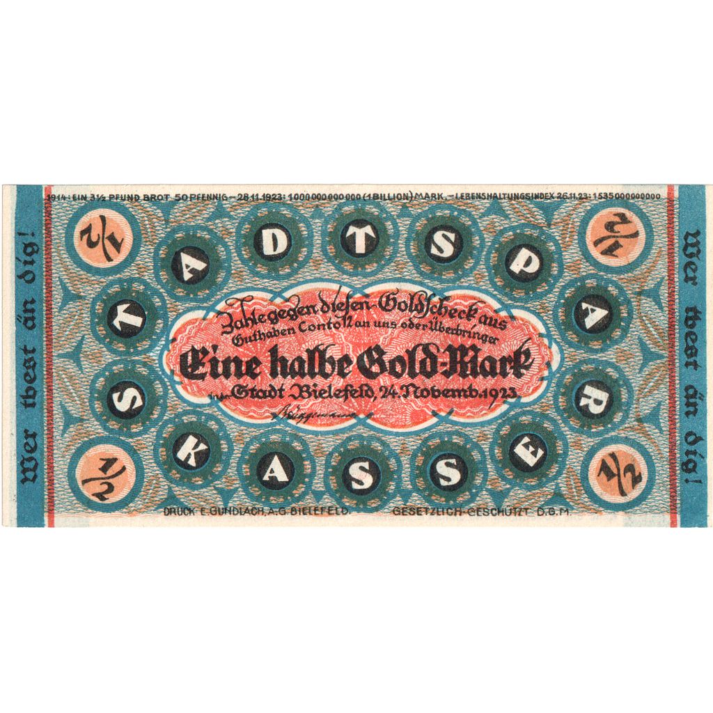 Deutschland, Bielefeld, 1/2 Goldmark, 1923-11-24, UNZ-, Grabowski:98