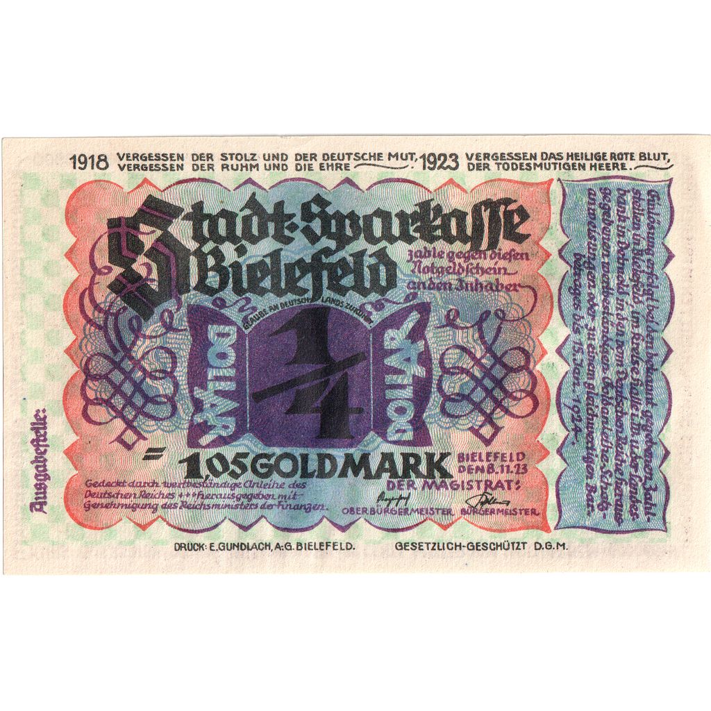 Deutschland, Bielefeld, 1,05 Goldmark, 1923-11-08, UNZ-, Grabowski:95