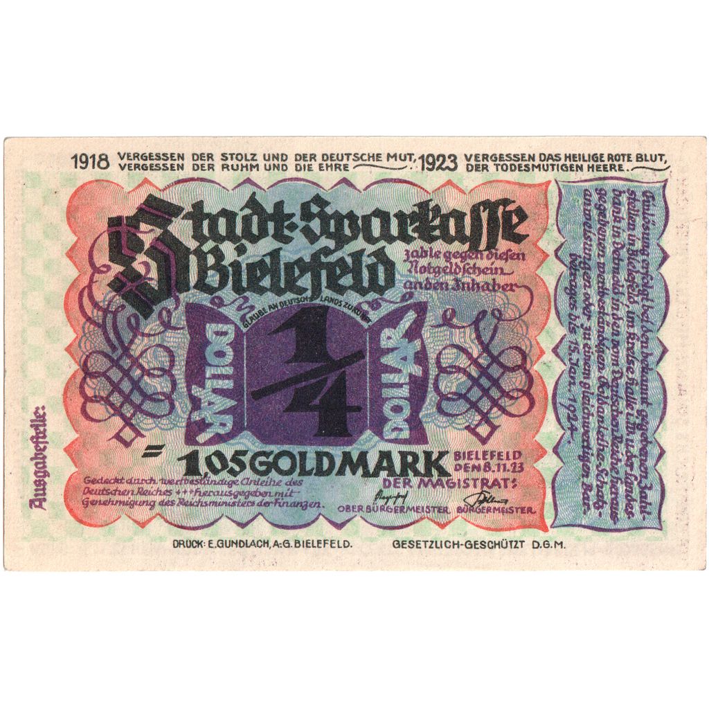 Deutschland, Bielefeld, 1,05 Goldmark, 1923-11-08, UNZ-, Grabowski:95