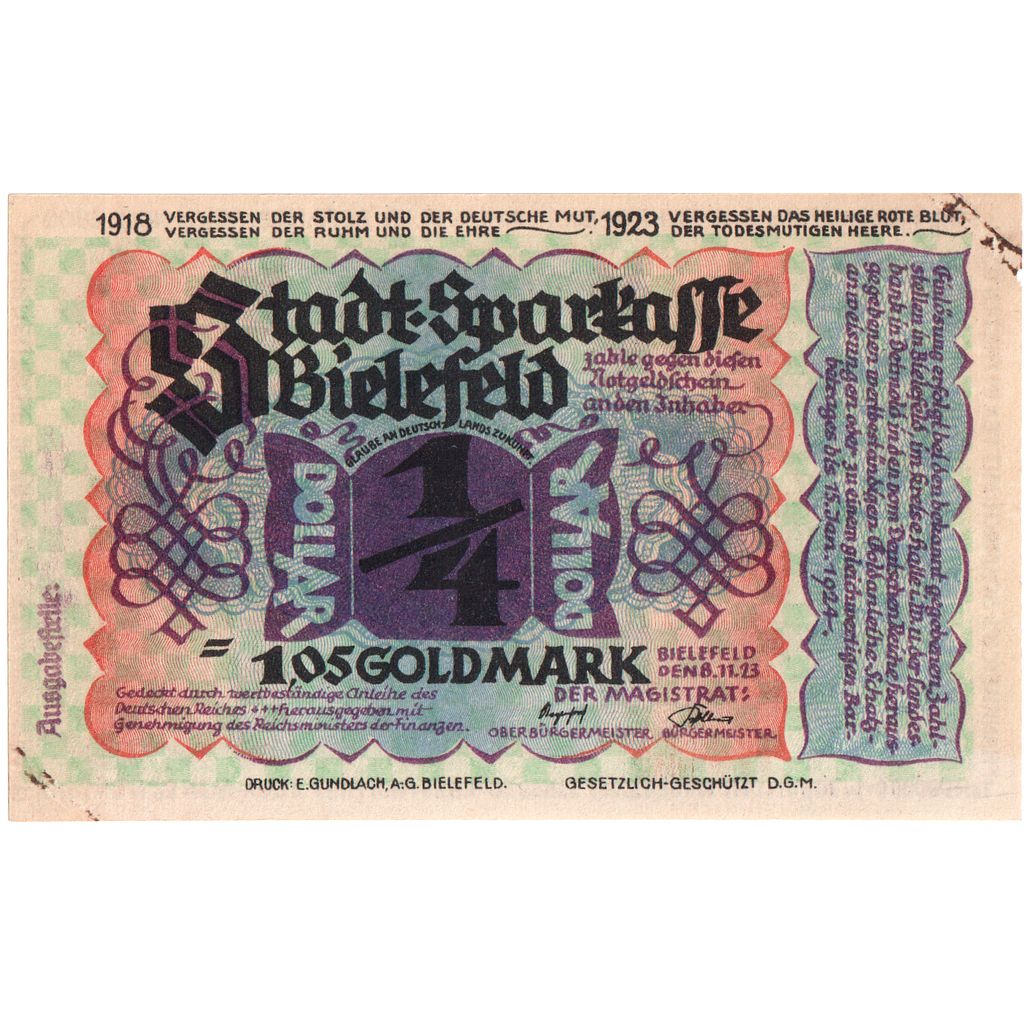 Deutschland, Bielefeld, 1,05 Goldmark, 1923-11-08, UNZ-, Grabowski:95