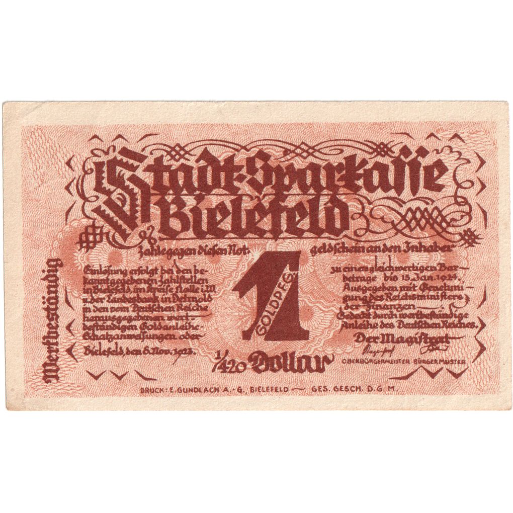 Deutschland, Bielefeld, 1 Goldpfennig, 1923-11-08, VZ, Grabowski:92