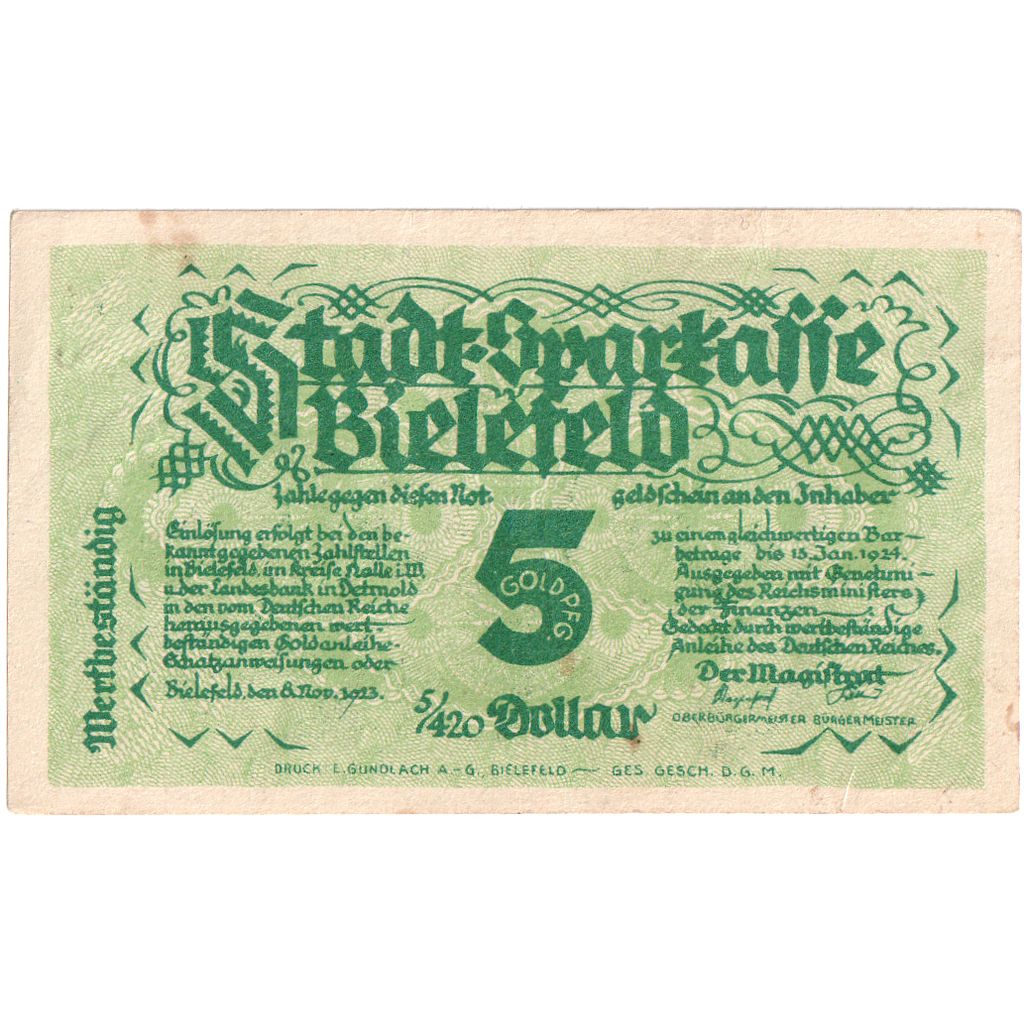 Germany, Bielefeld, 5 Goldpfennig, 1923-11-08, AU(55-58), Grabowski:93
