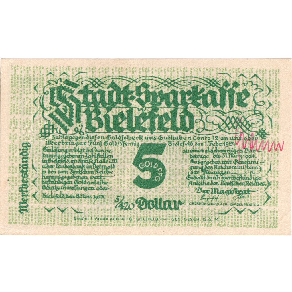 Deutschland, Bielefeld, 5 Goldpfennig, 1923-11-08, UNZ-, Grabowski:93