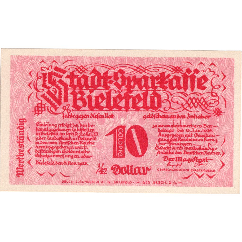 Deutschland, Bielefeld, 10 Goldpfenning, 1923-11-08, UNZ-, Grabowski:94