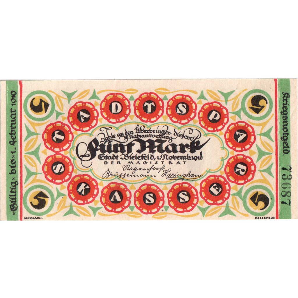Deutschland, Bielefeld, 5 Mark, 1918-11-01, UNZ-