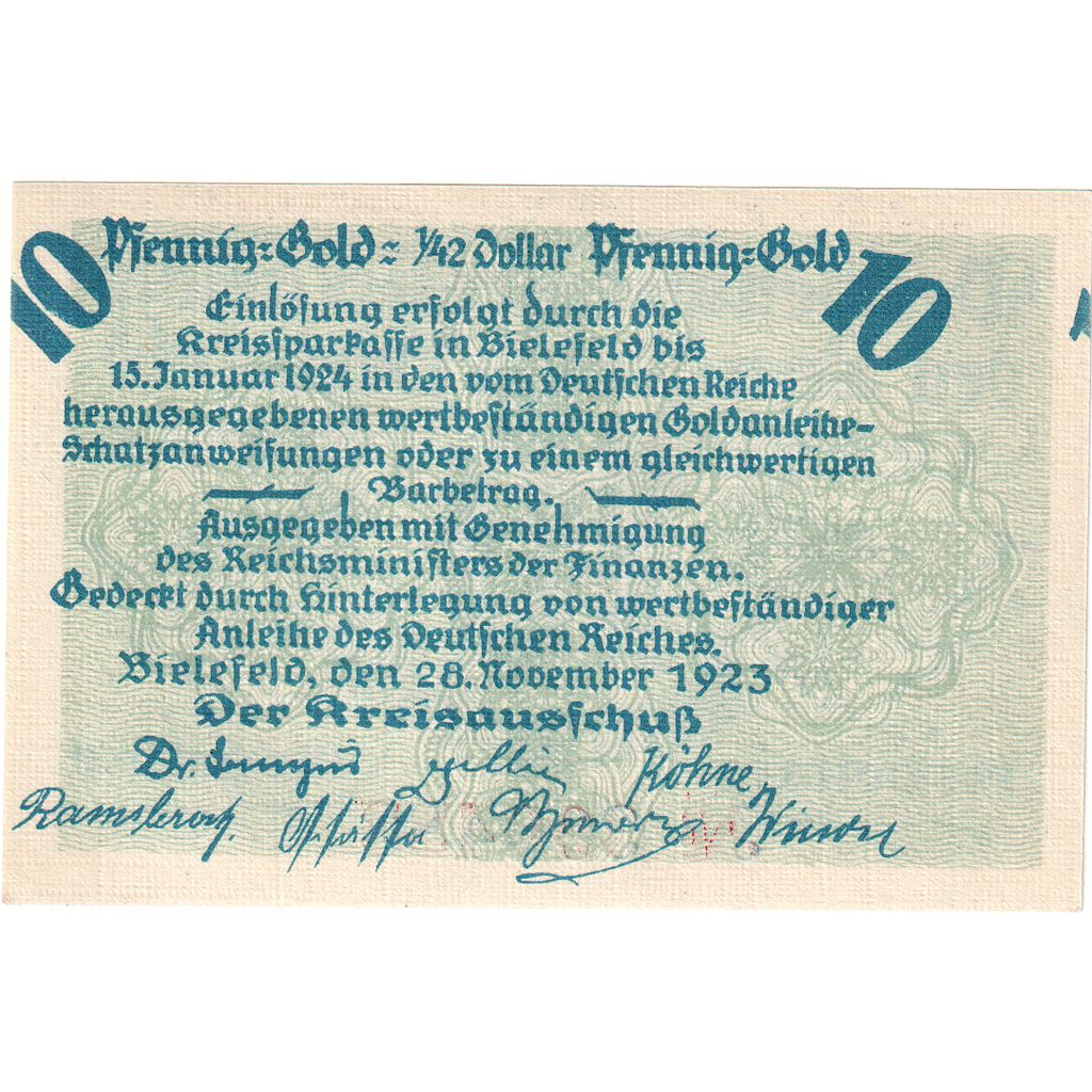 Germany, Bielefeld, 10 Goldpfenning, 1923-11-28, UNC(63)