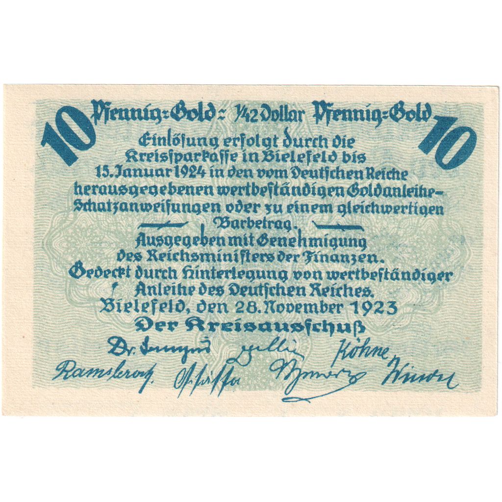 Germany, Bielefeld, 10 Goldpfenning, 1923-11-28, UNC(63)