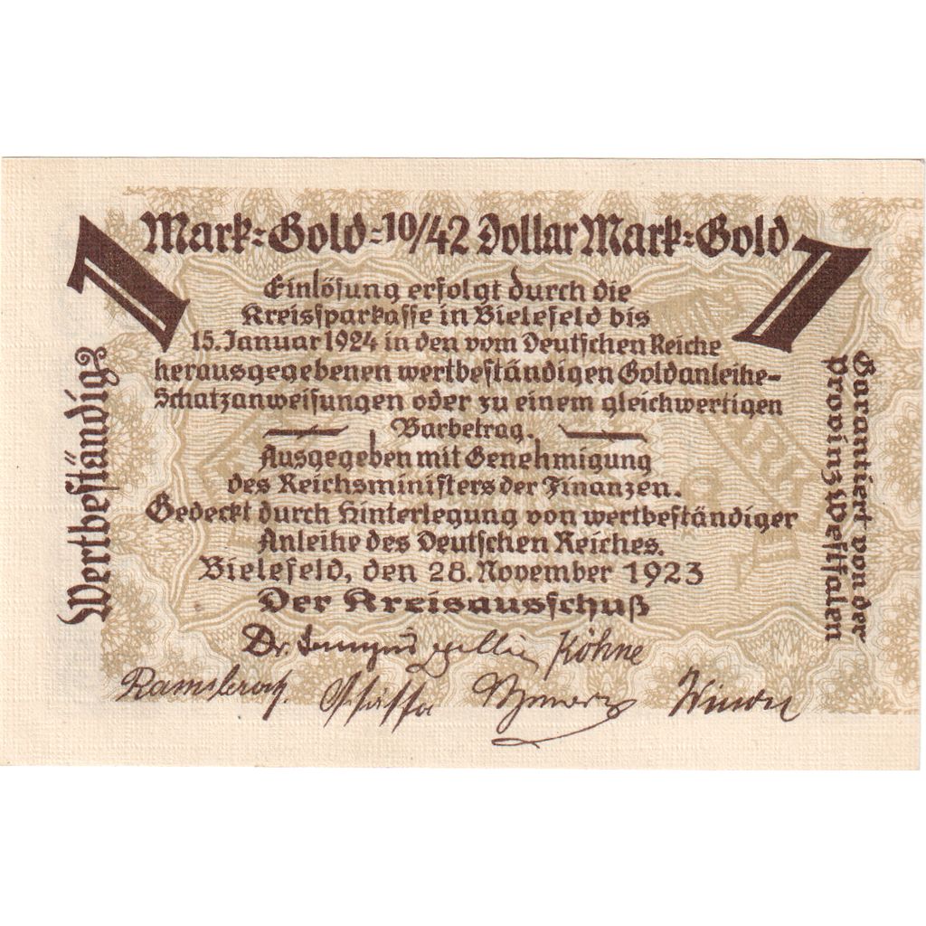Germany, Bielefeld, 1 Goldmark, 1923-11-28, UNC(63)