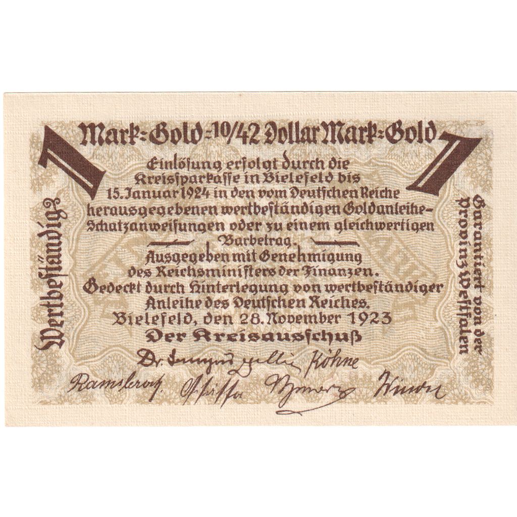 Germany, Bielefeld, 1 Goldmark, 1923-11-28, UNC(63)